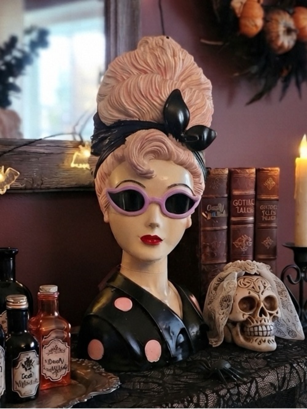 Bella Lux Retro Bride of Frankenstein Head Bust Pink Hair and sunglasses NWT
